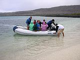 Galapagos 2-2-02 Santa Fe Wet Landing Sante Fe was a wet landing which meant we got as close as we could to shore and then hopped into the ankle to calf-deep water to walk the rest of the way. There is no fresh water on the island so it has been relatively undisturbed by human activity and introduced animals. Among the unique species that can be seen there are the Santa Fe land iguana.